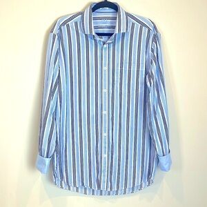 Bugatchi Uomo Men’s Medium shaped fit striped blue white shirt button down cuff